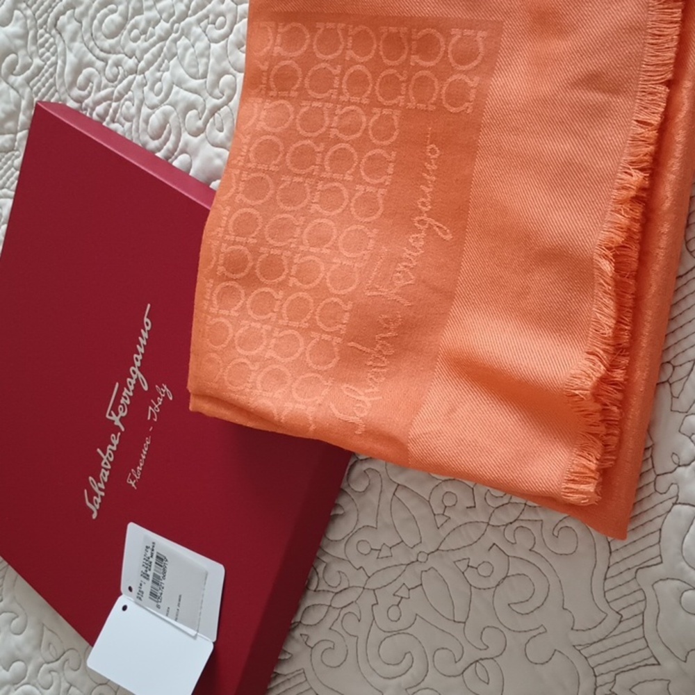 Salvatore Ferragamo Printed Logo Raw Edge Silk & Wool Soft Scarf Luxury Preppy